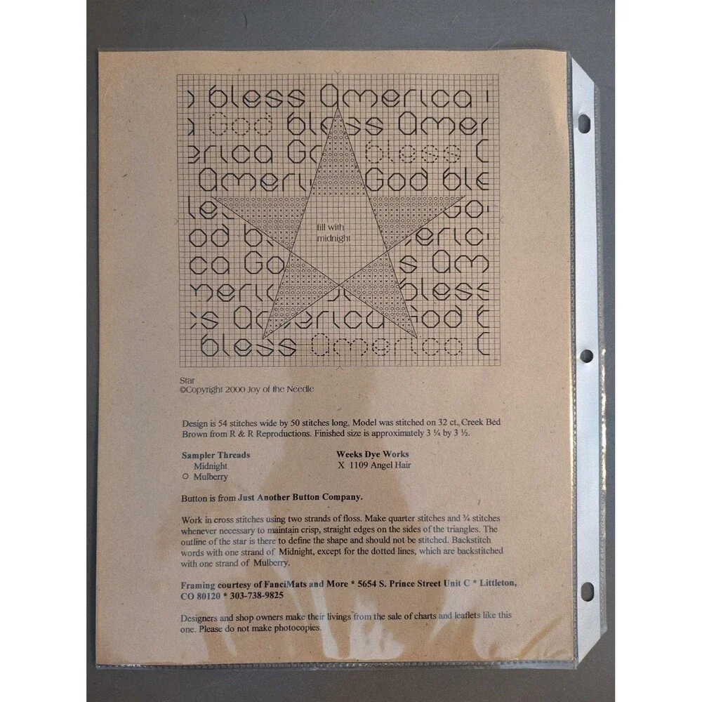 Joy of the Needle AMERICANA STAR Cross Stitch Punch Needle Pattern Leaflet...